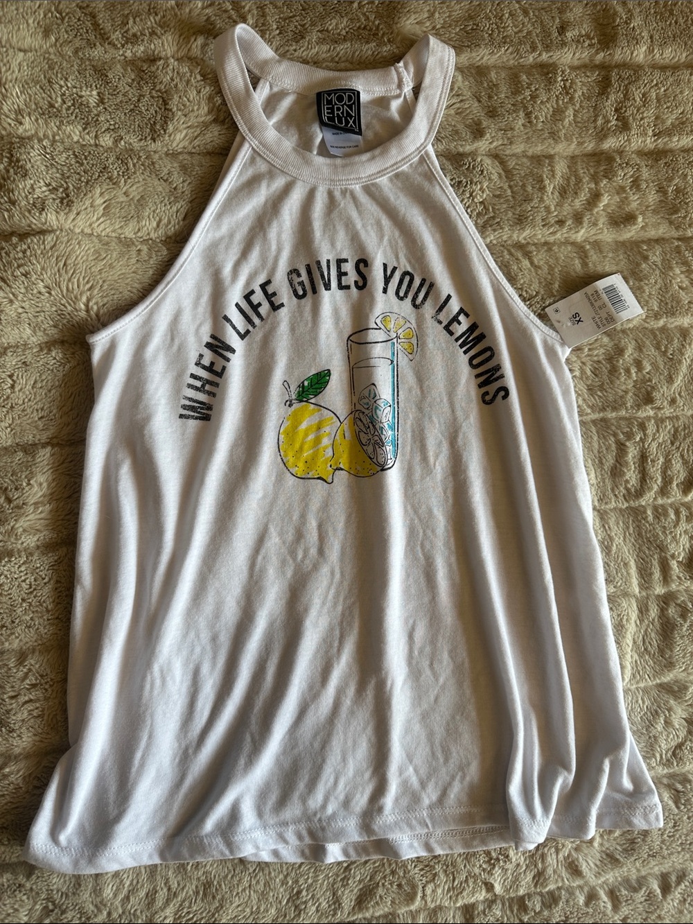 Modern Lux White Graphic Halter Tank with Yellow Lemon Art